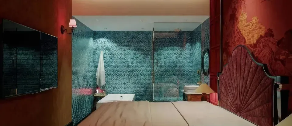 藍色 磁磚 設有浴室的 SPA 房 臥室