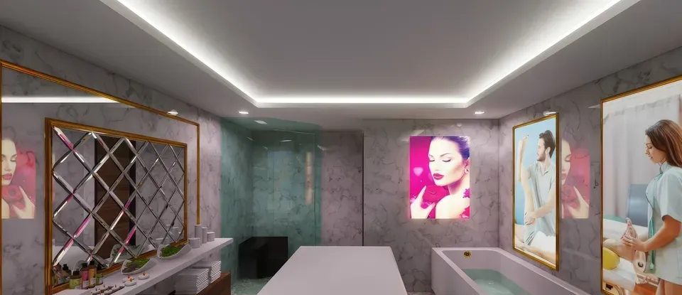 長的 浴缸與 大型 設有鏡子的 按摩房間